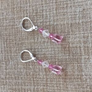 Leverback Silver Tone Pink Clear Beaded Crystal Drop Earrings